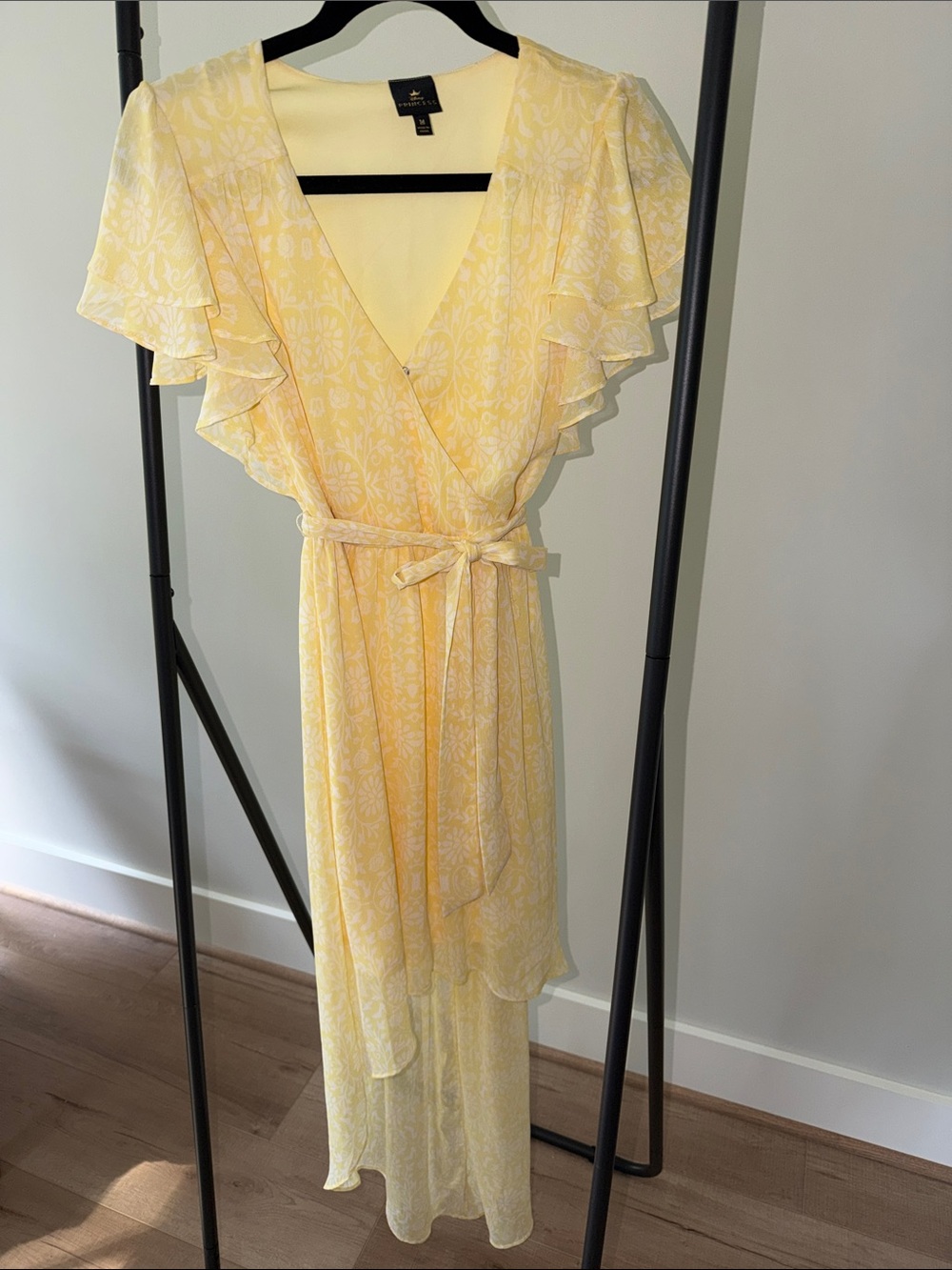 Disney Princess Women's Yellow Floral Wrap Dress with Flutter Sleeves-size M